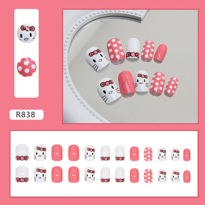 Bowknot Cat Polka Dot Pink Short Round Nails