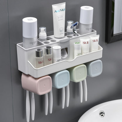 No-Punch Toothbrush Holder, Cup Organizer with Toothpaste Dispenser