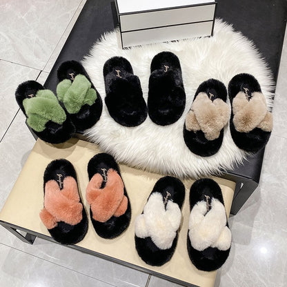 Rabbit fur cross slippers