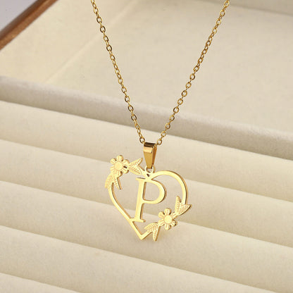 Titanium steel A-Z heart shaped English letter necklace