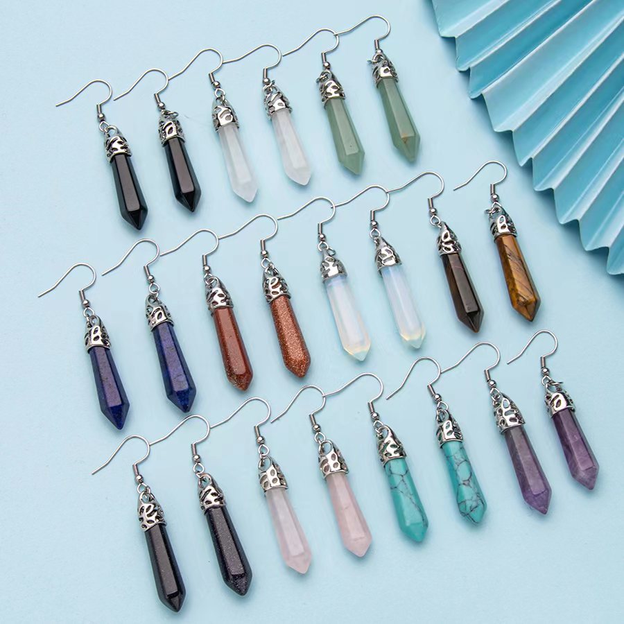 Crystal single point hexagonal column stainless steel earrings