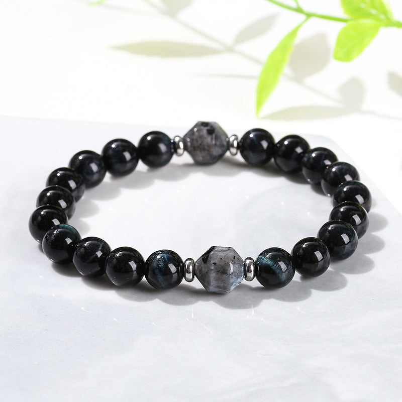 Ink blue tiger's eye stone black sparkling stone transfer bead bracelet.