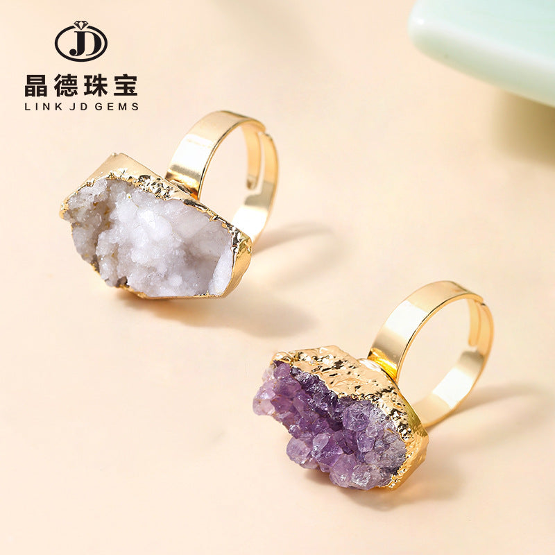 Natural amethyst cluster electroplated gold open ring