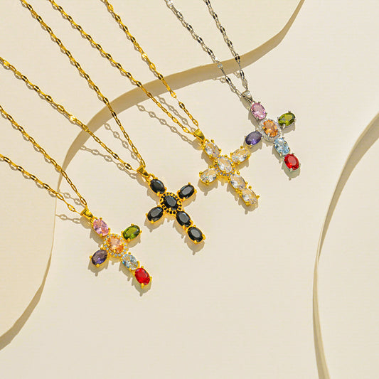 Vintage Cross Necklace: Colorful Zirconia, Elegant & Unique Collarbone Chain