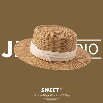 Summer Wide-Brim Straw Hat UV Protection Beach Vacation French Bow