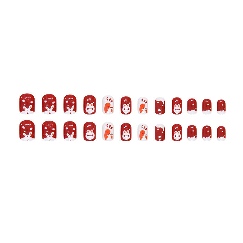 New Year Rabbit Wine Red Short Nails 24 Pieces