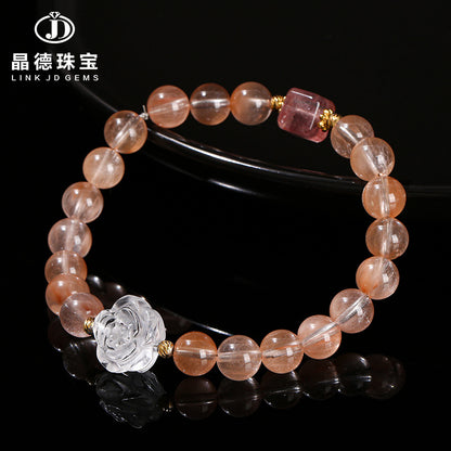 Imitation red rabbit hair crystal round bead bracelet.