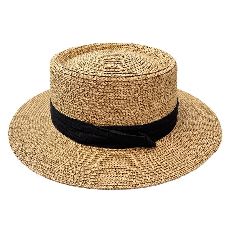 Sombrero de paja de copa plana Sombrero de sol de ala ancha de estilo francés para verano