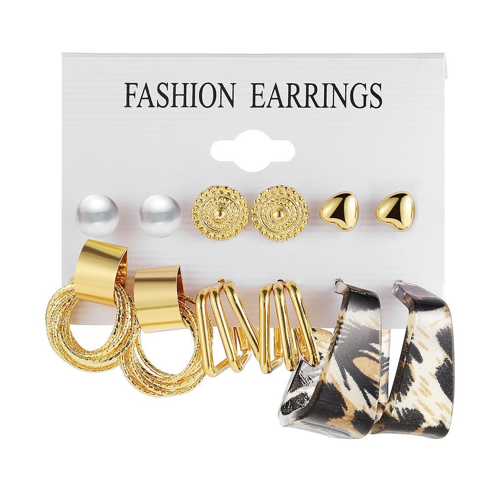 Leopard print C-shaped earrings set 6 pairs