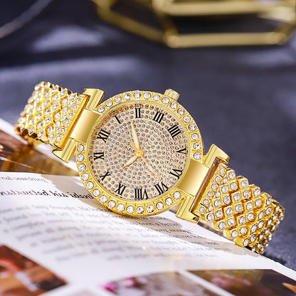 Roman scale diamond-encrusted women's quartz watch