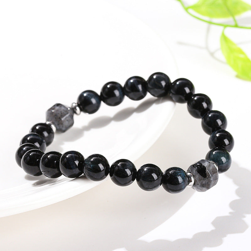 Ink blue tiger's eye stone black sparkling stone transfer bead bracelet.