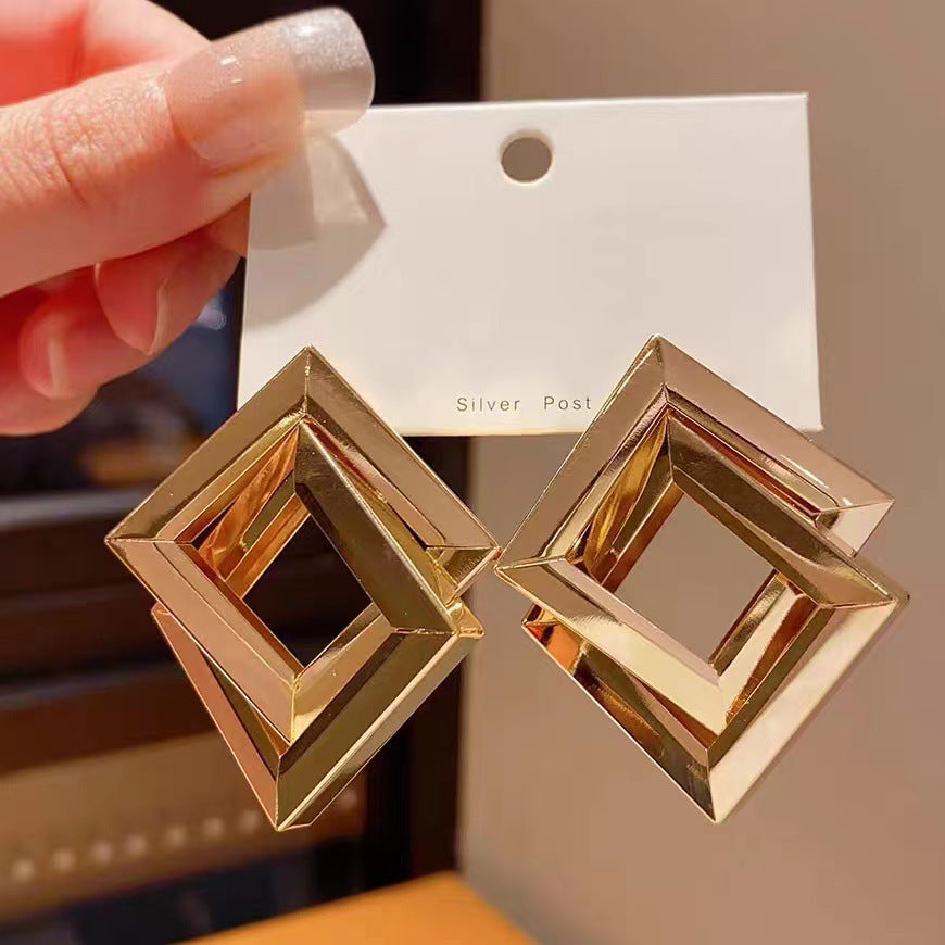 Metal simple rhombus double square stud earrings