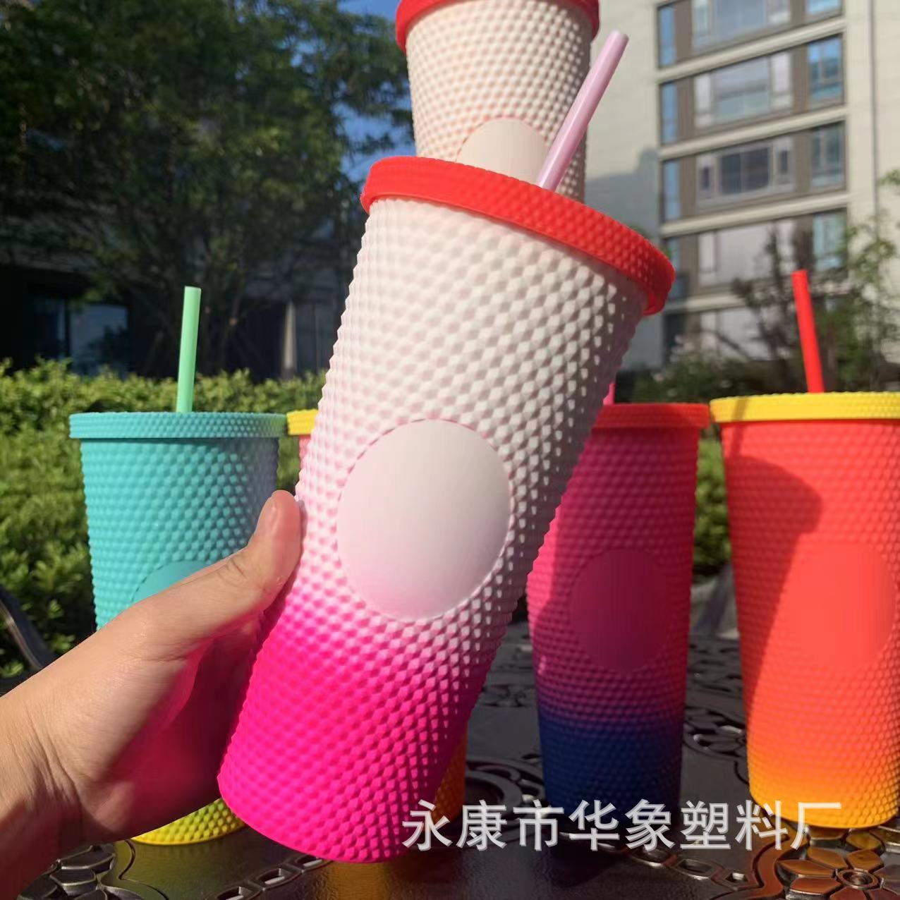 Durian cup gradual change color double layer plastic straw cup