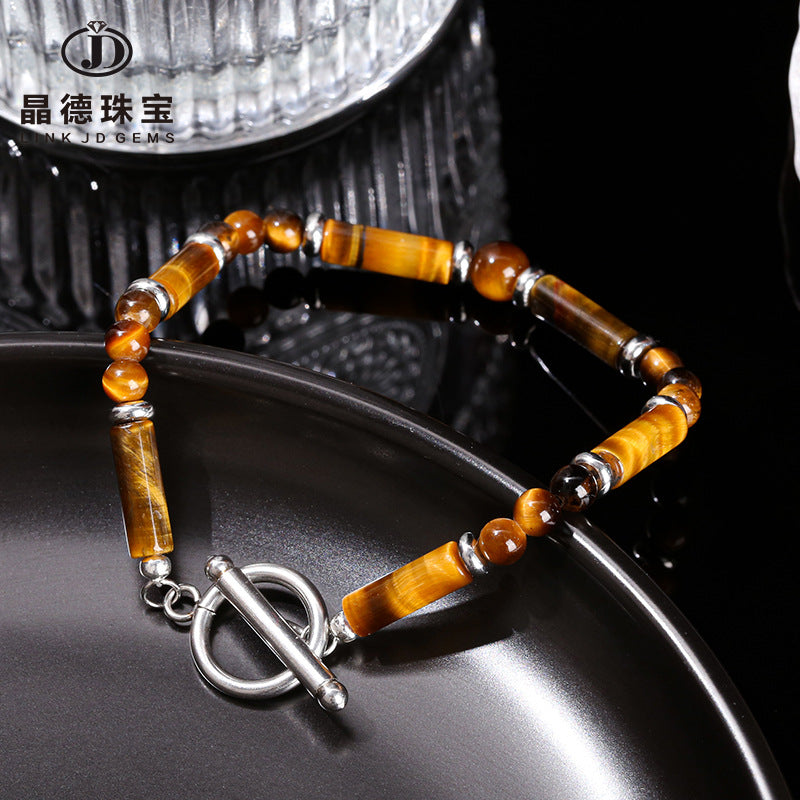 Natural yellow tiger's eye stainless steel OT buckle bracelet