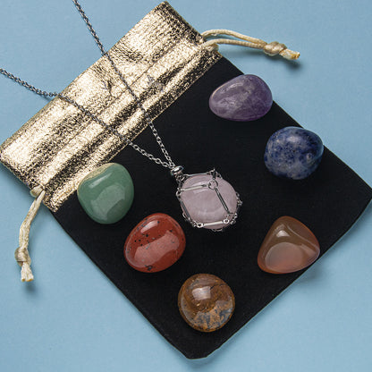 7 Color Tumbled Stone Crystal Raw Stone Braided Pendant Set