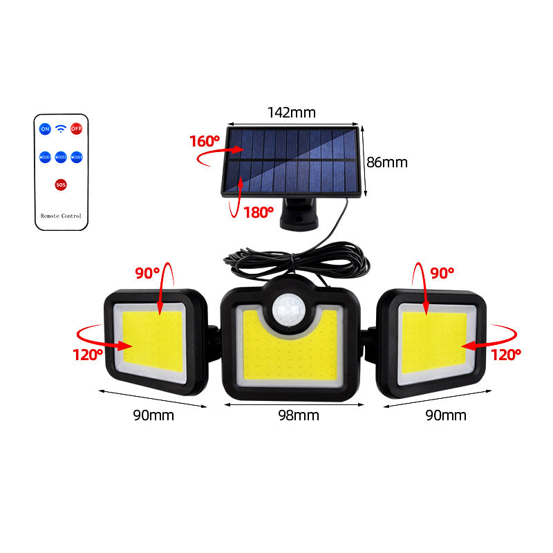 Solar outdoor human body induction three-head wall lamp