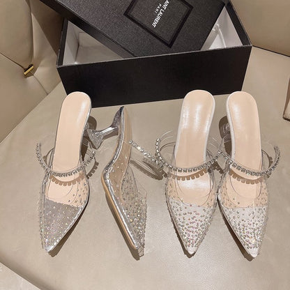 Pointed rhinestone square buckle high heels