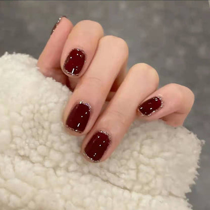 Autumn-Winter Burgundy Glitter Removable Wearable Nails