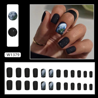 Medium-Length Black Square Fake Nails