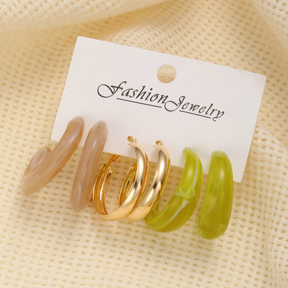 C-shaped gold resin alloy earrings 3-piece set