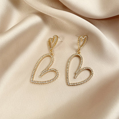 Long diamond hollow heart earrings