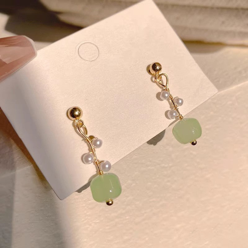 Jade bead pearl stud earrings pastoral earrings