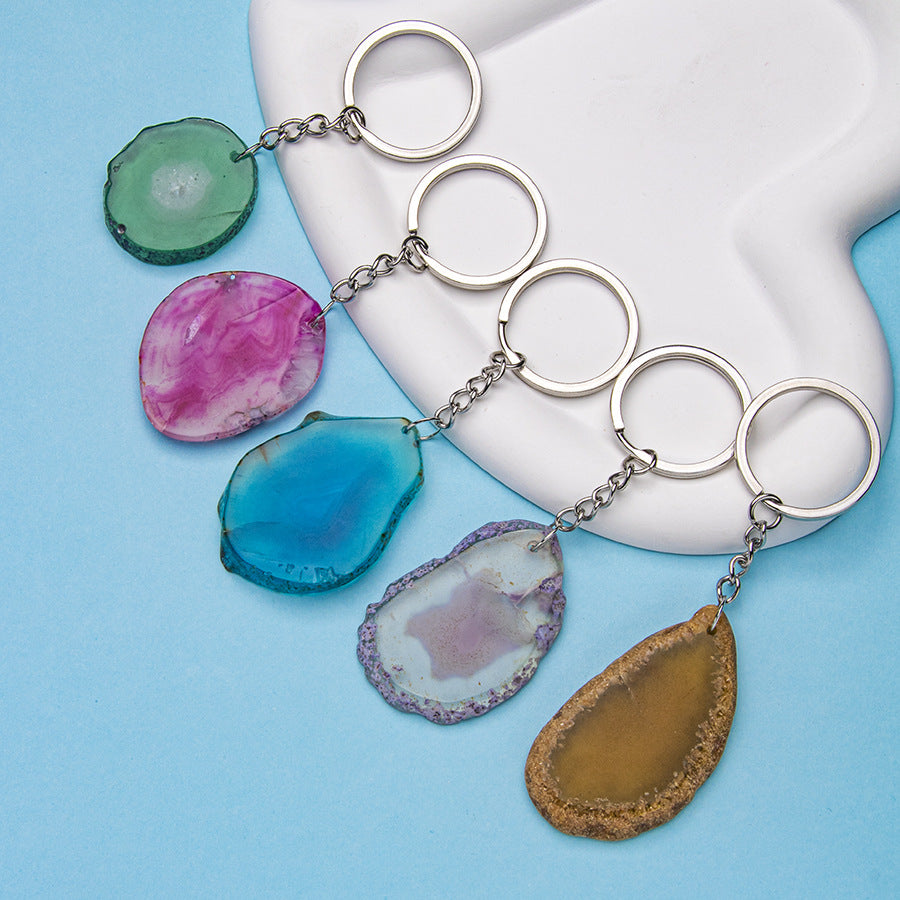 Natural stone agate piece raw stone stainless steel keychain