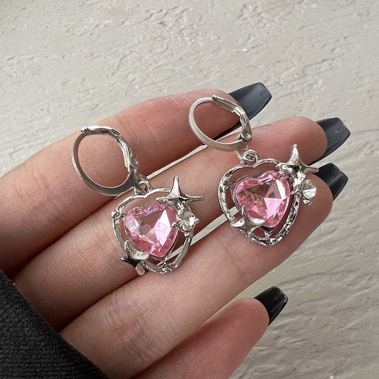 Pink Heart Zircon Pendant Earrings