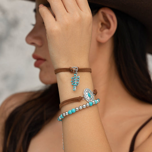 4-Piece Turquoise Cowboy Hat Cross Chain Bracelet Set