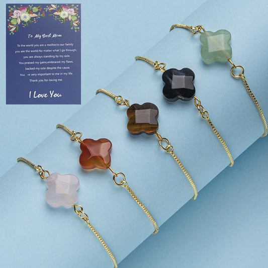 Natural stone faceted four-leaf clover pendant bracelet