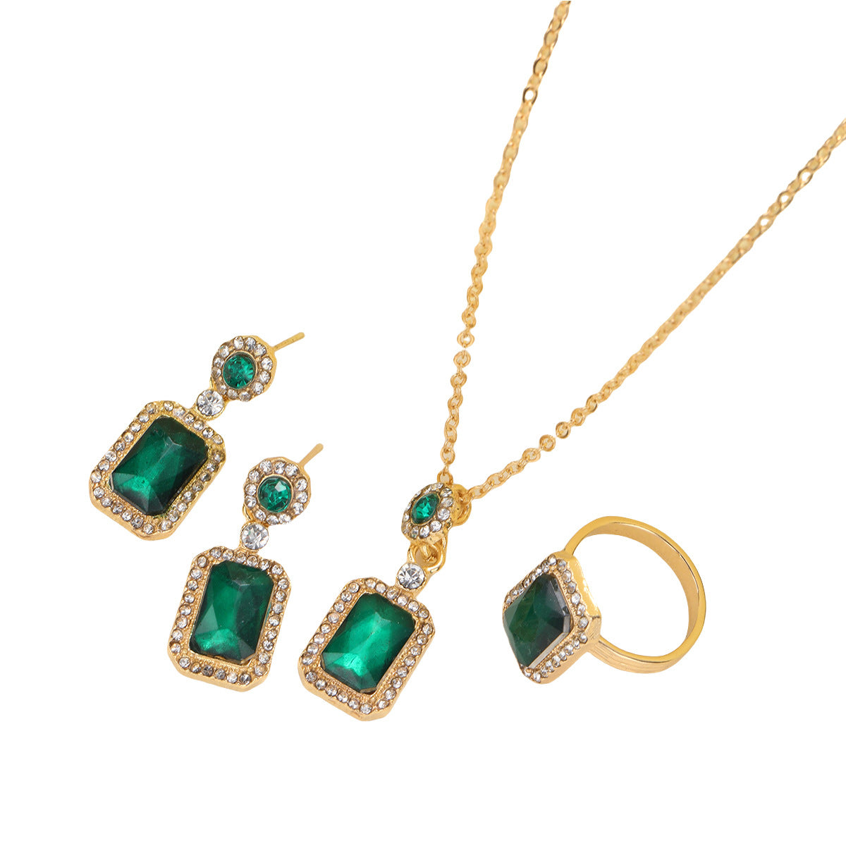 Emerald Stud Ring Necklace Set