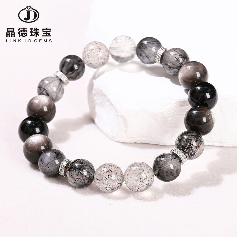 7A Natural Silver Obsidian Black Hair Crystal Mixed Bracelet