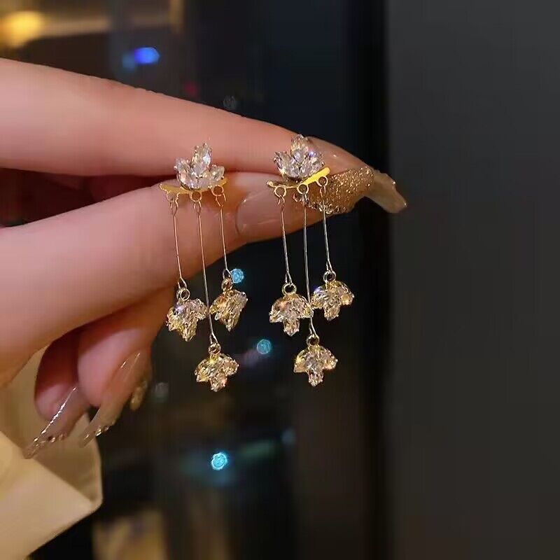 925 Silver Needle Maple Zircon Tassel Earrings