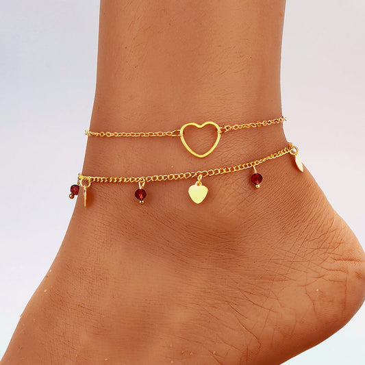 Double-layer heart anklet 2-piece set