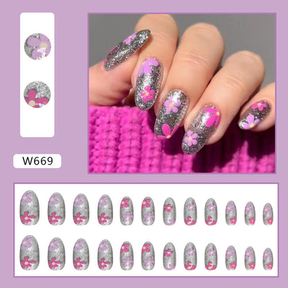 Silver Glitter Dual Flower Pink Purple Nails