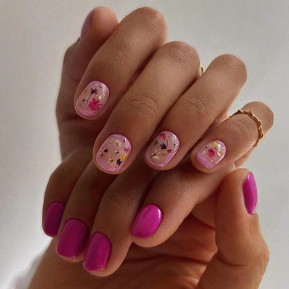 Short Square Magenta Floral Fake Nails