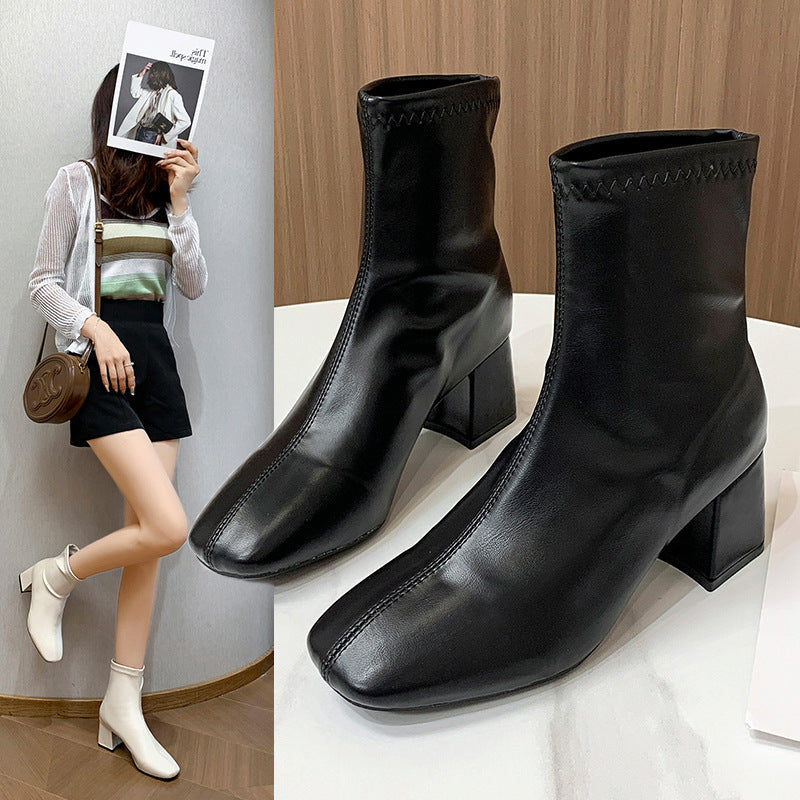 Korean version of square head high-heeled fashion boots