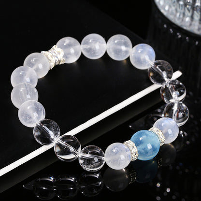 7A Natural White Crystal Blue Moonstone Round Bead Bracelet