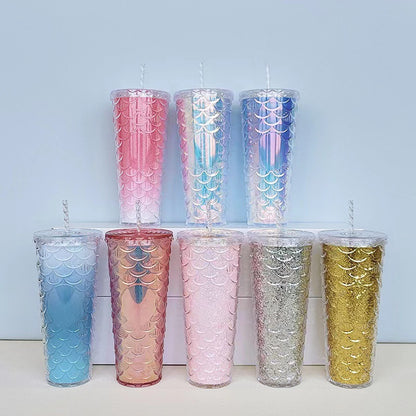 Scaled Pattern Large Capacity Double-Layer Plastic Straw Bottle