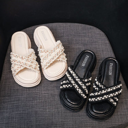 Cross pearl platform slippers