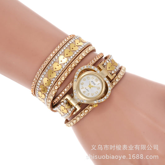 Wrap-Around Diamond-Embedded Bracelet Watch Heart Dial