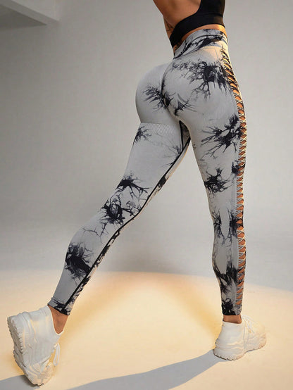 Pantalones de yoga de cintura alta con efecto tie-dye hueco 