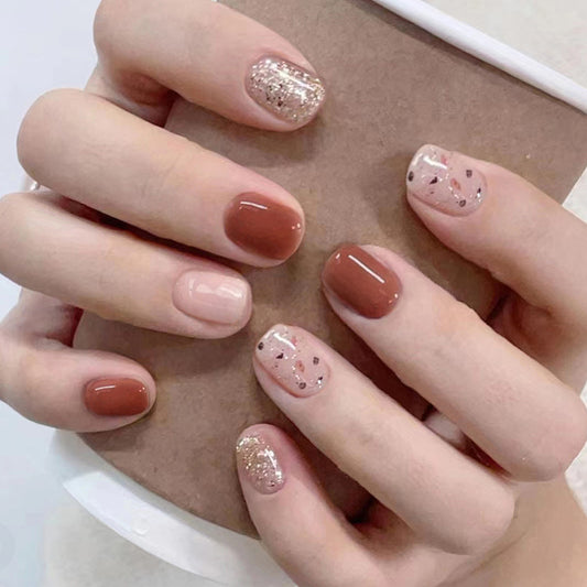 Caramel Brown Champagne Glitter Short Square Nails