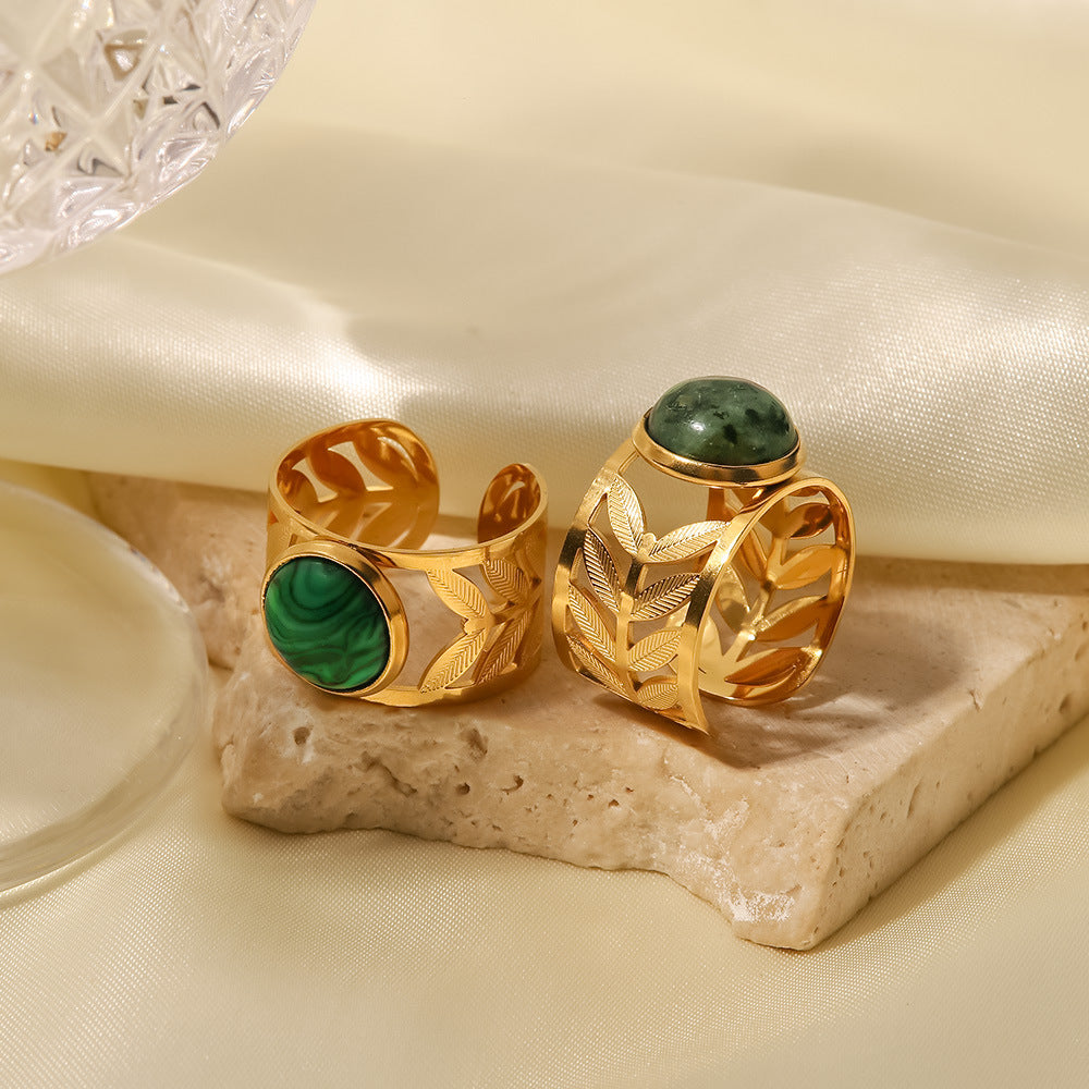 18K Gold Hollow Leaf Malachite Ring