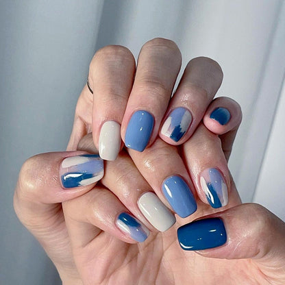 Short Deep Blue Contrast T-Shape Fake Nails