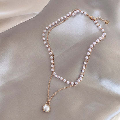 Simple chain beaded multi-layer necklace pearl