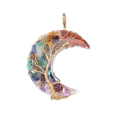 Crystal Colorful Gravel Moon Tree of Life Wire Pendant