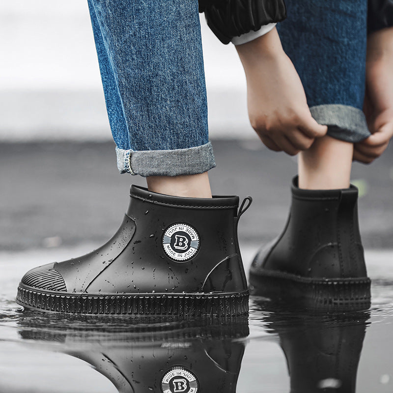 Rain shoes with soft soles are waterproof for outer wear.