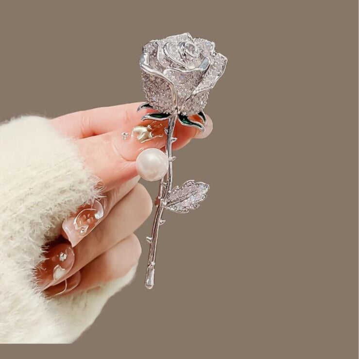 Metal Full Diamond Pearl Rose Brooch