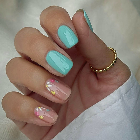 Lake Green Floral Medium Square Nails